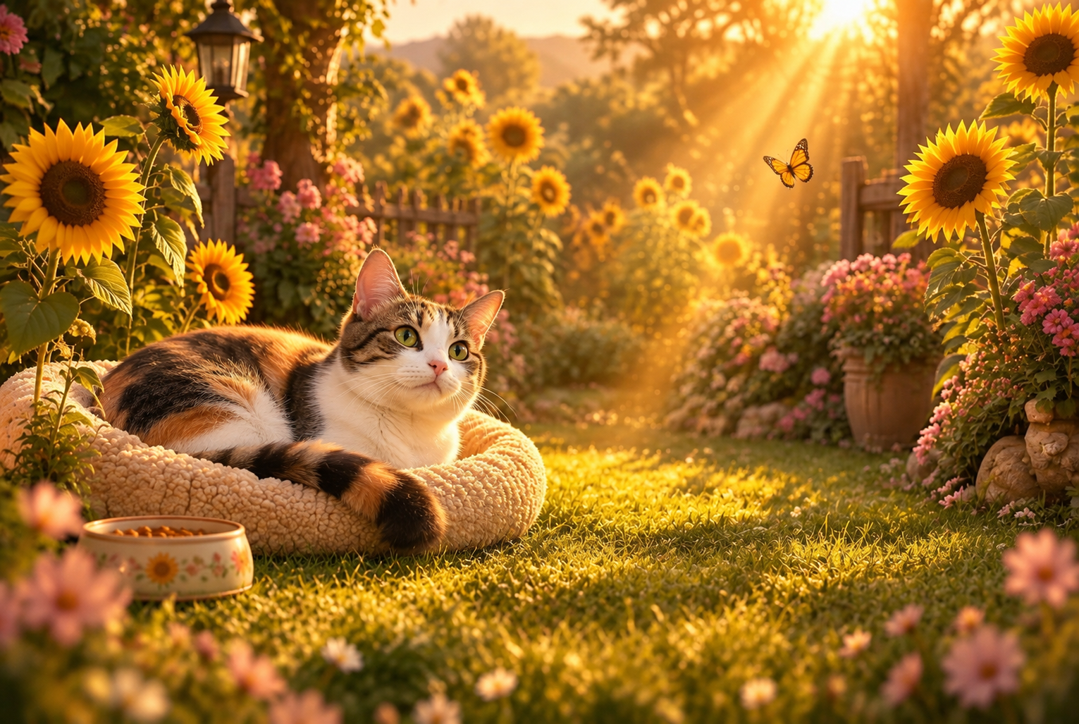 Suki in a sunny garden with sunflowers, a food bowl and butterflies in golden light