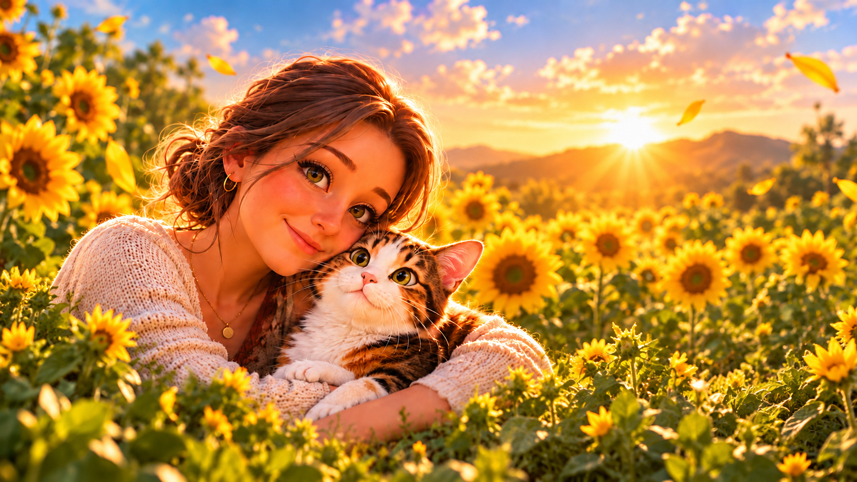 A smiling girl rests her head against Suki, her calico cat, in a sunflower field at golden hour
