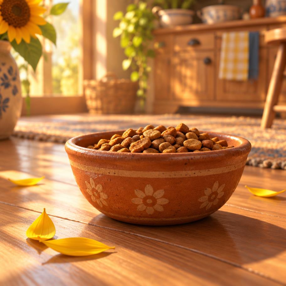 Suki's terracotta food bowl in the sunshine