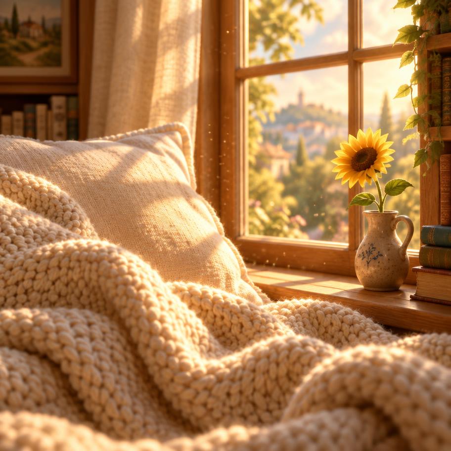 A cosy blanket in a patch of window sunlight